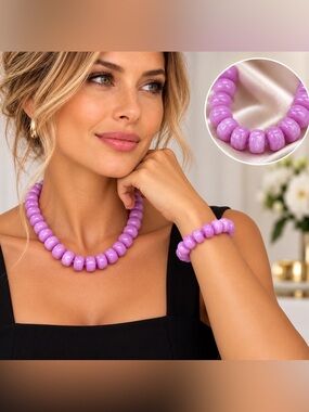 Lavender Purple Marble Resin Chunky Bead Necklace & Bracelet Set NWT